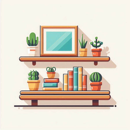 Bookshelf with books and potted cacti. Vector illustration.のイラスト素材