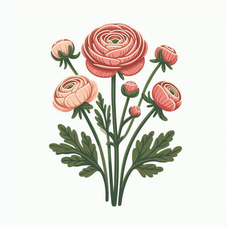 Ranunculus flowers isolated on white background. Vector illustration.のイラスト素材