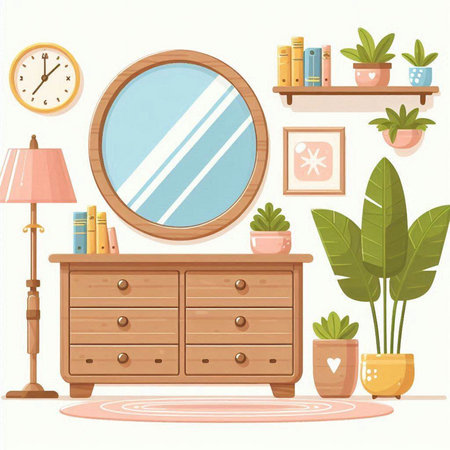 Vector illustration of a room interior with a mirror, bookshelf, table, potted plants.のイラスト素材