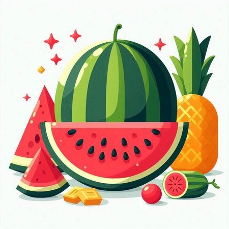 Watermelon, pineapple, melon and other fruits. Vector illustration.のイラスト素材