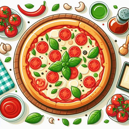 Pizza with mozzarella, tomatoes and basil. Vector illustrationのイラスト素材