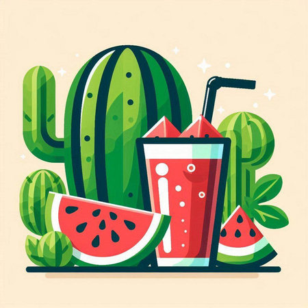 Watermelon smoothie and cactus. Vector illustration in flat styleのイラスト素材