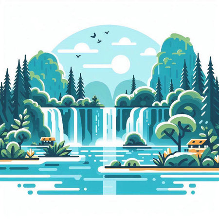Waterfalls in the forest. Vector illustration. Flat style design.のイラスト素材