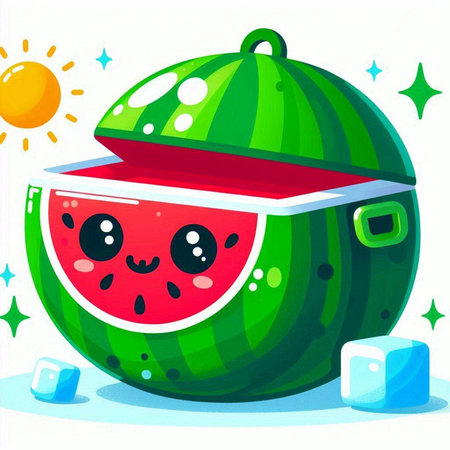 Funny cartoon watermelon character with ice cubes. Vector illustration.のイラスト素材