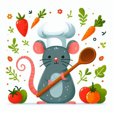 Rat chef with a ladle. Vector illustration of a rat with vegetables.のイラスト素材