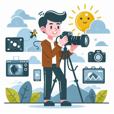 Photographer with camera. Vector illustration in flat cartoon style on white background.のイラスト素材