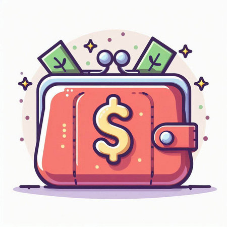 Vector illustration of a purse with dollars and coins. Flat design.のイラスト素材