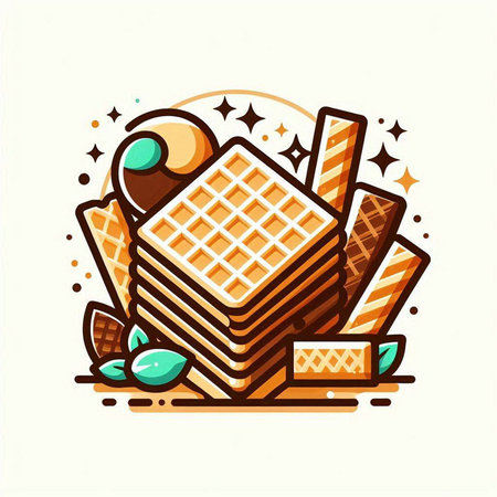 Vector illustration of sweet waffles icon in flat style. Chocolate wafer, wafer, ice cream, caramel.のイラスト素材