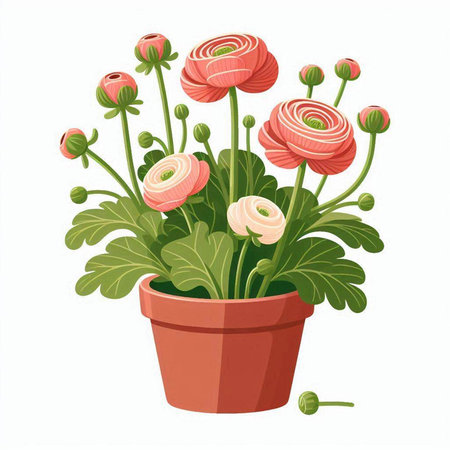 Flower pot with pink ranunculus flowers. Vector illustration.のイラスト素材
