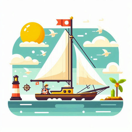 Sailing boat on sea. Vector illustration in flat cartoon style.のイラスト素材