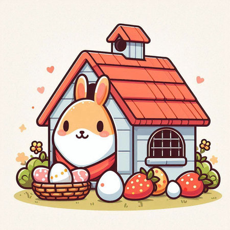 Easter bunny with basket of eggs and basket of eggs, vector illustrationのイラスト素材