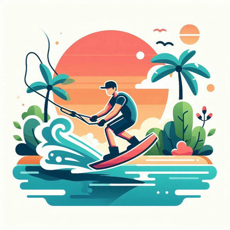 Water skiing. Vector illustration in flat style. Man on a water ski.のイラスト素材