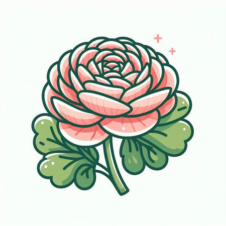 Illustration of a pink rose with green leaves on a white backgroundのイラスト素材
