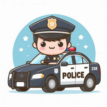 Cute police car and police officer. Vector illustration on white background.のイラスト素材