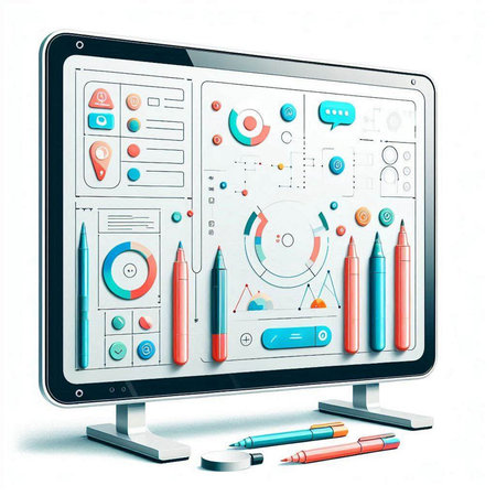 Computer screen with infographic elements on white background. 3D rendering.のイラスト素材
