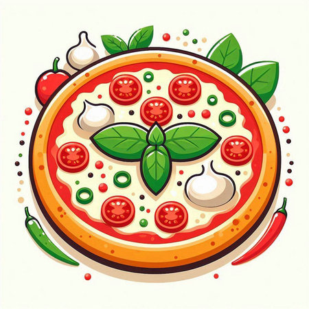 Pizza with tomatoes, mozzarella cheese and basil. Vector illustration.のイラスト素材