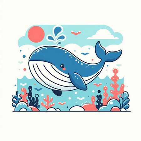 Cute cartoon whale in the sea. Vector illustration for your designのイラスト素材