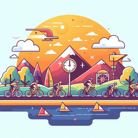 Colorful flat vector illustration of city landscape with road and cyclists.のイラスト素材