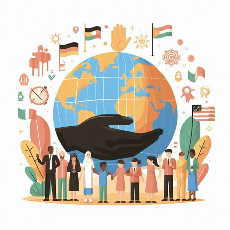 Vector illustration of a group of people around the globe with flags and symbols.のイラスト素材