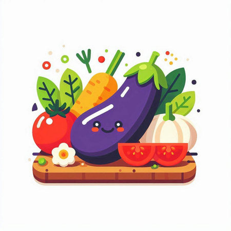Vector illustration of fresh eggplant, tomato, onion, carrot, cucumber and parsley on white background.のイラスト素材