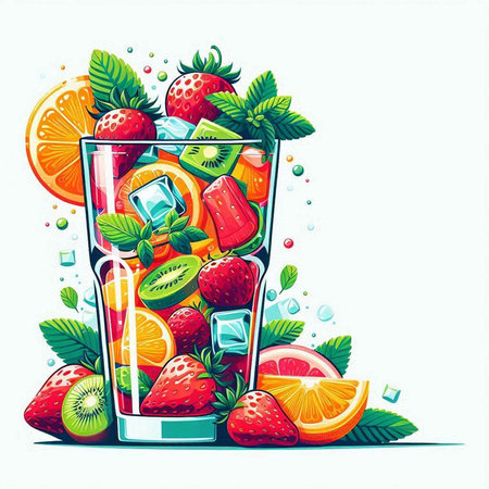 Cocktail with ice cubes, fruits and mint. Vector illustration.のイラスト素材