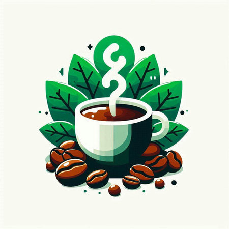 Coffee cup and coffee beans on a green background. Vector illustration.のイラスト素材