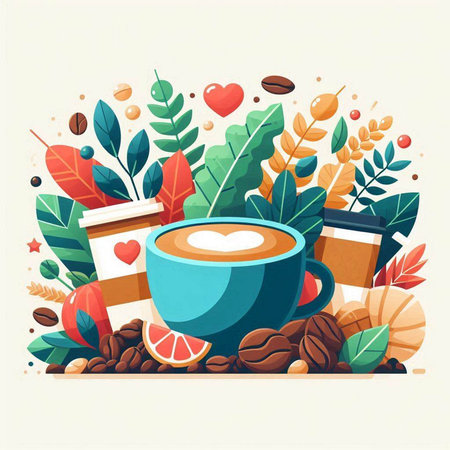 Coffee time. Cup of coffee, beans, fruits and leaves. Vector illustrationのイラスト素材