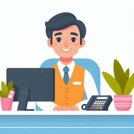 Businessman working at office. Vector illustration in a flat style.のイラスト素材