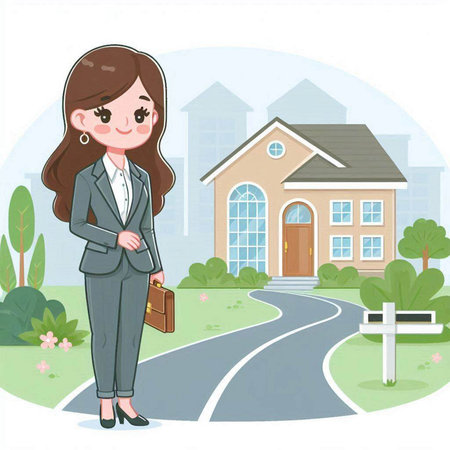 Businesswoman in front of a house. Vector illustration of a real estate agent.のイラスト素材