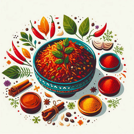 Spices and herbs in a bowl. Colorful vector illustration.のイラスト素材