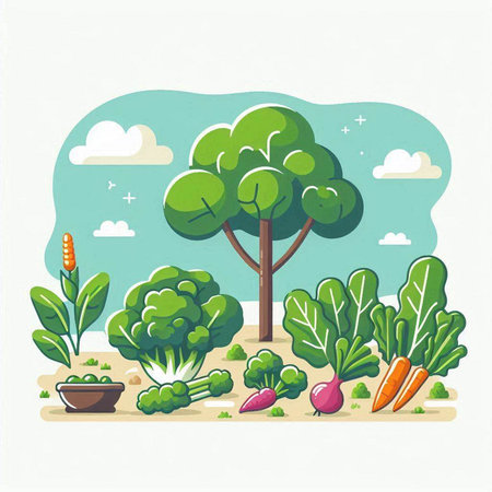 Vegetables in the garden. Vector illustration in flat style.のイラスト素材