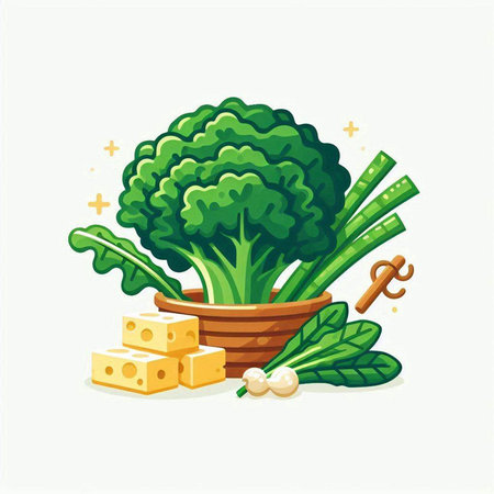 Vector illustration of fresh green broccoli in a pot with cheese on a white backgroundのイラスト素材
