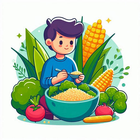 Vector illustration of a boy eating porridge in a bowl with vegetables.のイラスト素材