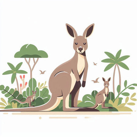 Kangaroo and baby kangaroo in the jungle. Vector illustrationのイラスト素材