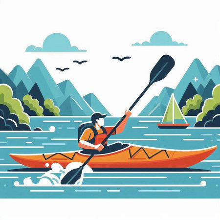 Man kayaking on the river. Vector illustration in flat style.のイラスト素材