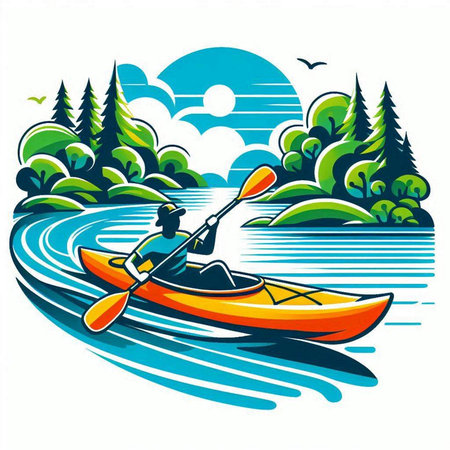 Kayak on the river in the forest. Vector illustration for your designのイラスト素材