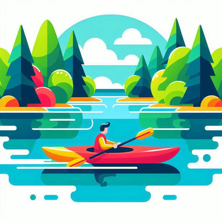 Kayaking on the river. Vector illustration in flat cartoon style.のイラスト素材
