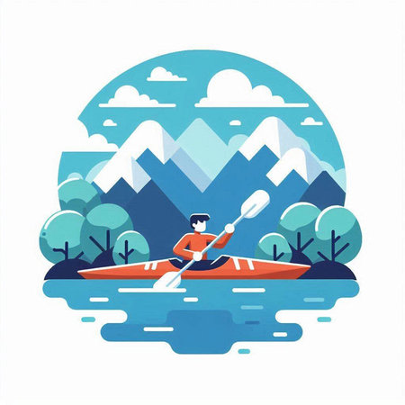 Kayaking in the mountains. Vector illustration in a flat style.のイラスト素材