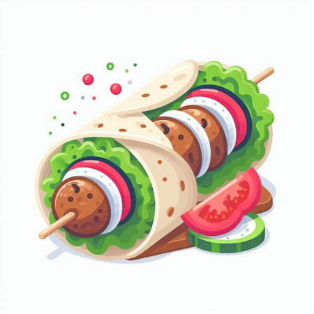 Vector illustration of kebab on skewers with vegetables. Fast food.のイラスト素材