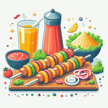 Vector illustration of grilled meat on skewers with tomato sauce, onion rings, lettuce, lemon, pepper, tomato juice.のイラスト素材