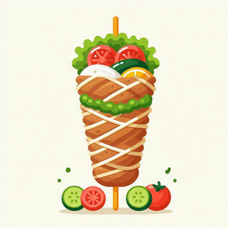 Illustration of delicious kebab on stick with vegetables, vector illustrationのイラスト素材