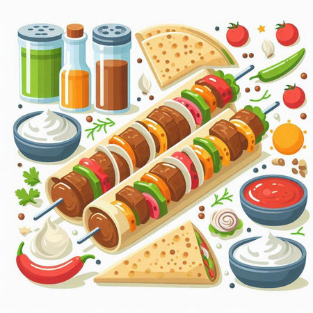 Shish kebab on skewers with sauces. Vector illustrationのイラスト素材