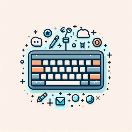 Flat line art computer keyboard with social media icons. Vector illustration.のイラスト素材