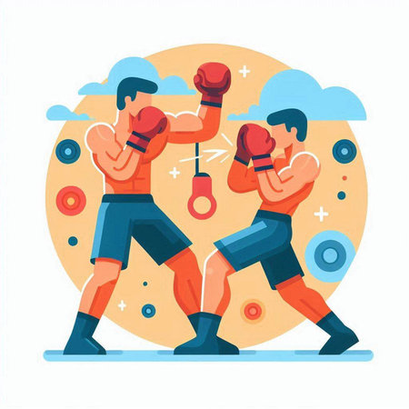 Boxing concept in flat design style. Two men in boxing gloves. Vector illustration.のイラスト素材