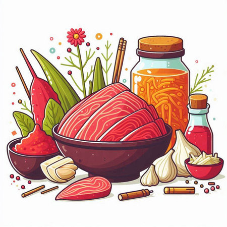 Illustration of raw beef in a bowl with herbs and spices.のイラスト素材