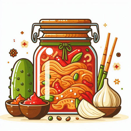 Illustration of a jar of korean kimchi and ingredientsのイラスト素材