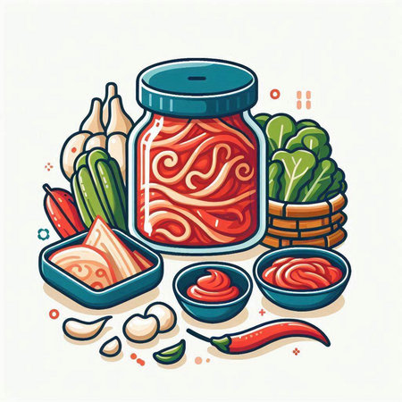 Vector illustration of a jar of ketchup with ingredients for cooking.のイラスト素材