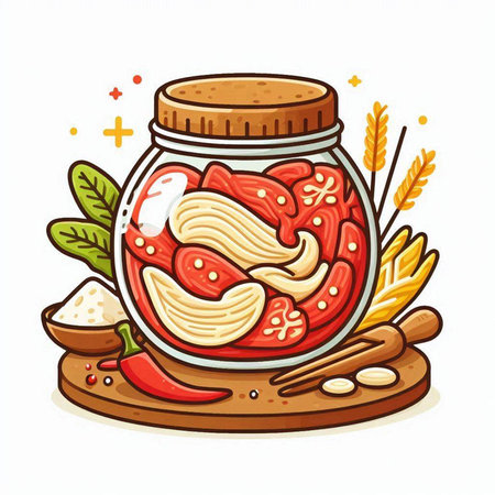 Illustration of a glass jar of canned vegetables and spices. Vector illustration.のイラスト素材