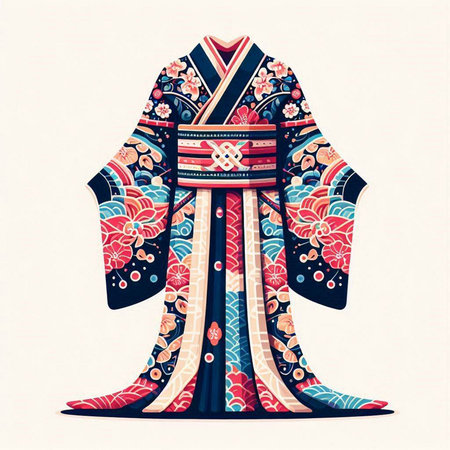 Japanese kimono with ornaments. Hand drawn vector illustration.のイラスト素材