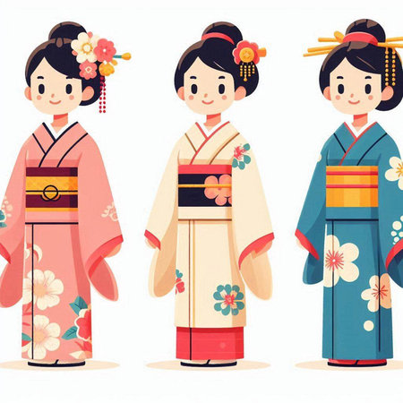 Japanese girls in traditional kimono. Vector illustration in cartoon style.のイラスト素材